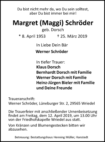 Traueranzeige von Margret Schröder von Uelzen