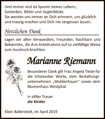 Traueranzeige von Marianne Riemann von Uelzen