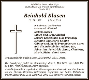 Traueranzeige von Reinhold Klasen von Uelzen