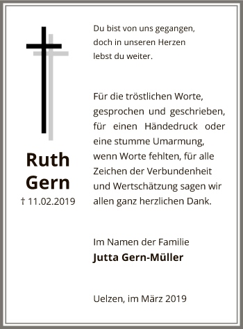 Traueranzeige von Ruth Gern von Uelzen