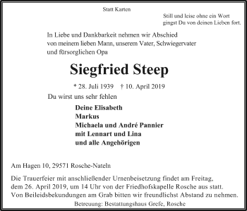 Traueranzeige von Siegfried Steep von Uelzen