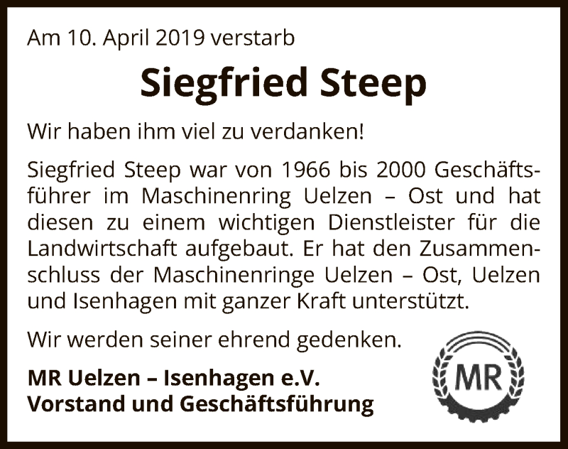  Traueranzeige für Siegfried Steep vom 17.04.2019 aus Uelzen