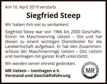 Traueranzeige von Siegfried Steep von Uelzen