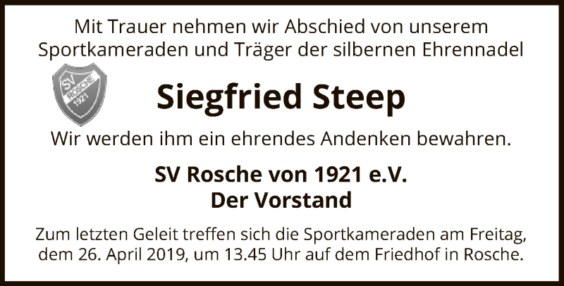  Traueranzeige für Siegfried Steep vom 20.04.2019 aus Uelzen