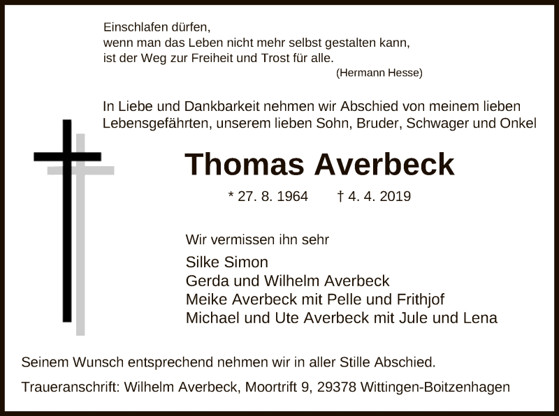  Traueranzeige für Thomas Averbeck vom 08.04.2019 aus Uelzen
