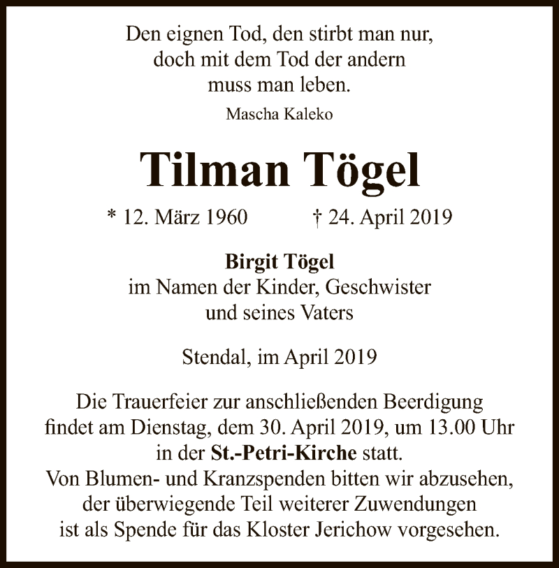 Traueranzeige für Tilman Tögel vom 26.04.2019 aus Uelzen