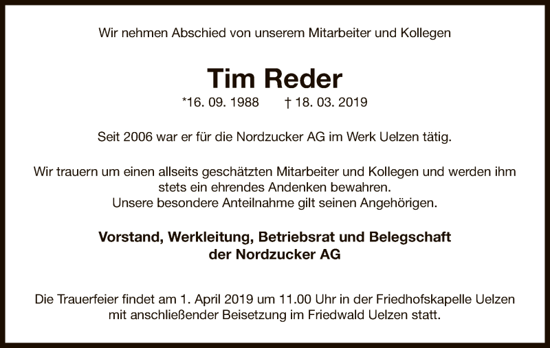  Traueranzeige für Tim Reder vom 30.03.2019 aus Uelzen