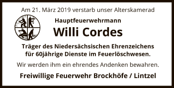 Traueranzeige von Willi Cordes von Uelzen