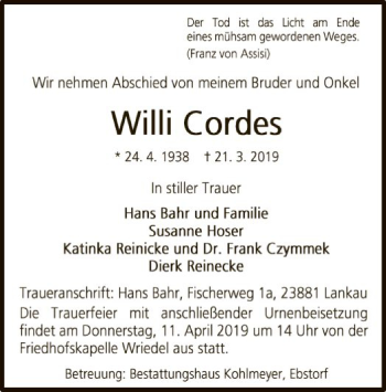 Traueranzeige von Willi Cordes von Uelzen