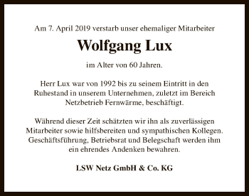 Traueranzeige von Wolfgang Lux von Uelzen