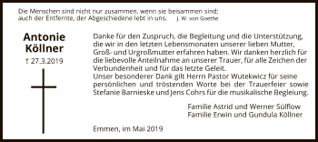 Traueranzeige von Antonie Köllner von Uelzen