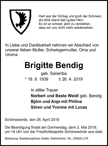 Traueranzeige von Brigitte Bendig von Uelzen