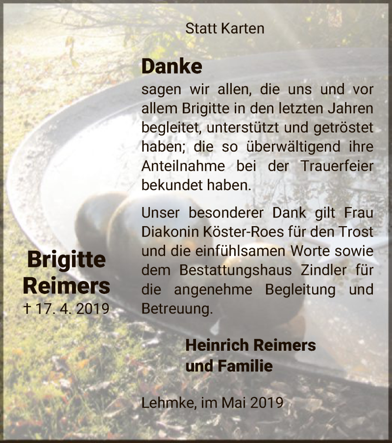  Traueranzeige für Brigitte Reimers vom 11.05.2019 aus Uelzen