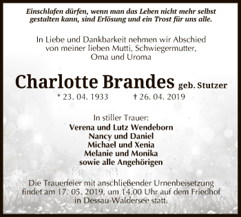 Traueranzeige von Charlotte Brandes von Uelzen