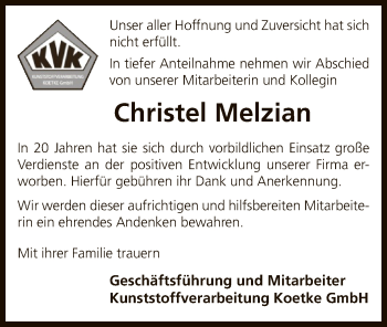 Traueranzeige von Christel Melzian von Uelzen