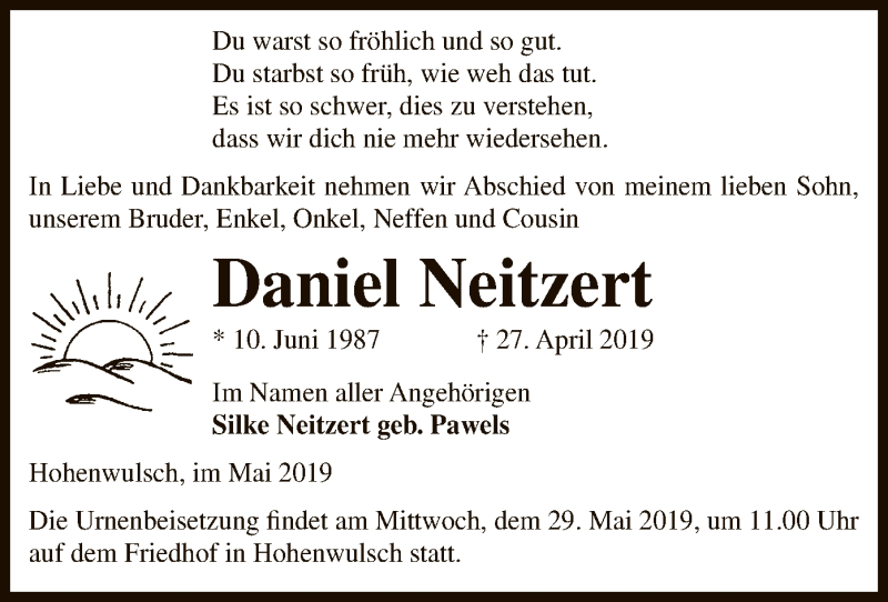 Traueranzeige für Daniel Neitzert vom 18.05.2019 aus Uelzen