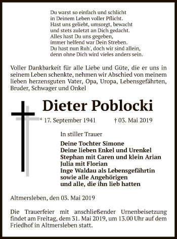 Traueranzeige von Dieter Poblocki von Uelzen