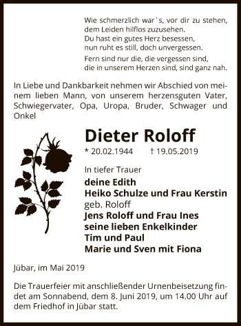 Traueranzeige von Dieter Roloff von Uelzen