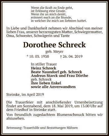 Traueranzeige von Dorothee Schreck von Uelzen