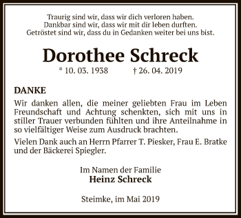 Traueranzeige von Dorothee Schreck von Uelzen