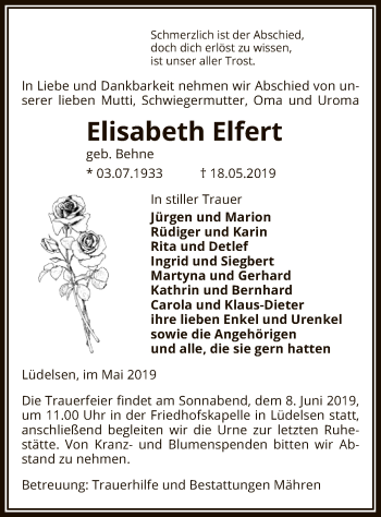 Traueranzeige von Elisabeth Elfert von Uelzen