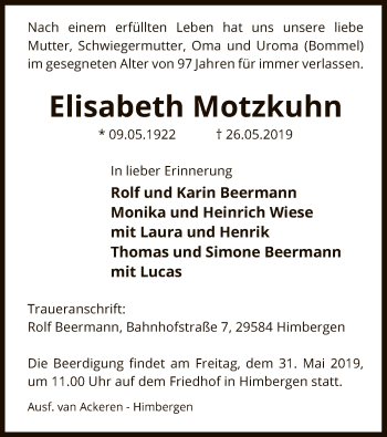 Traueranzeige von Elisabeth Motzkuhn von Uelzen