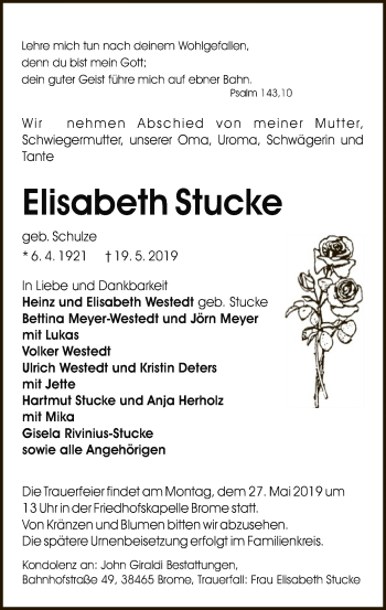 Traueranzeige von Elisabeth Stucke von Uelzen