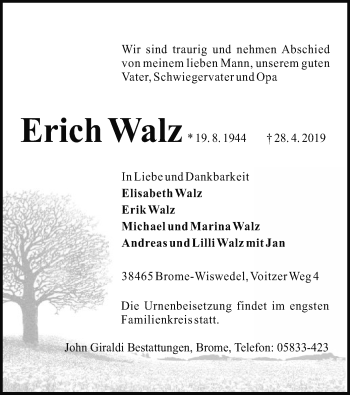 Traueranzeige von Erich Walz von Uelzen