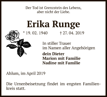 Traueranzeige von Erika Runge von Uelzen