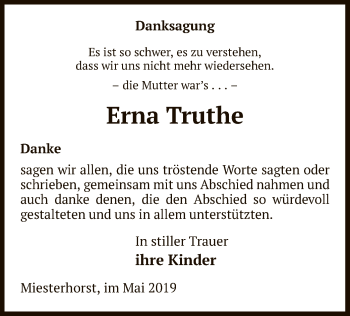 Traueranzeige von Erna Truthe von Uelzen