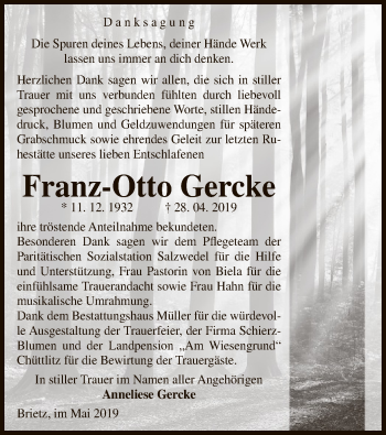 Traueranzeige von Franz-Otto Gercke von Uelzen