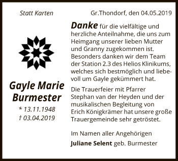 Traueranzeige von Gayle Marie Burmester von Uelzen