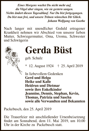 Traueranzeige von Gerda Büst von Uelzen