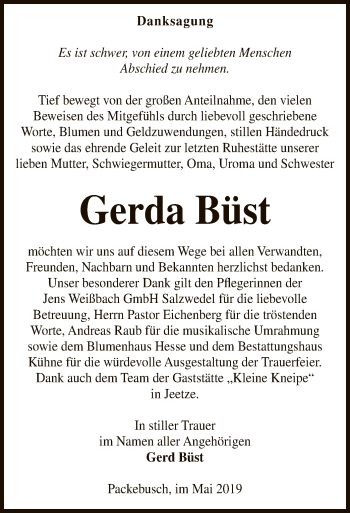 Traueranzeige von Gerda Büst von Uelzen