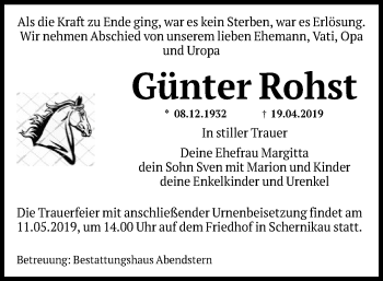 Traueranzeige von Günter Rohst von Uelzen