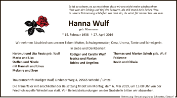 Traueranzeige von Hanna Wulf von Uelzen