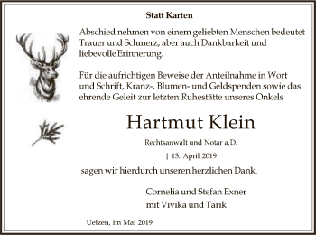 Traueranzeige von Hartmut Klein von Uelzen