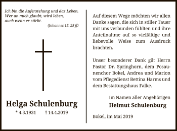 Traueranzeige von Helga Schulenburg von Uelzen