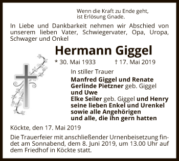 Traueranzeige von Hermann Giggel von Uelzen