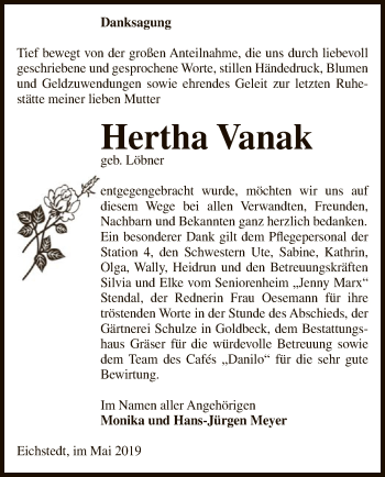 Traueranzeige von Hertha Vanak von Uelzen