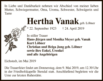 Traueranzeige von Hertha Vanak von Uelzen