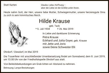 Traueranzeige von Hilde Krause von Uelzen