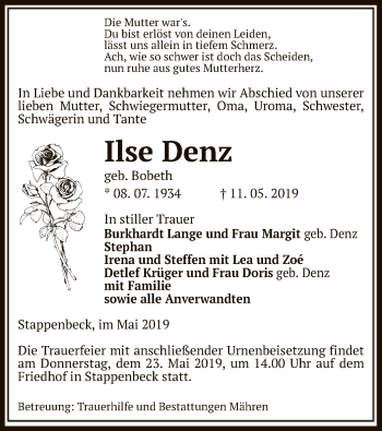 Traueranzeige von Ilse Denz von Uelzen