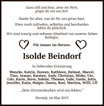 Traueranzeige von Isolde Beindorf von Uelzen