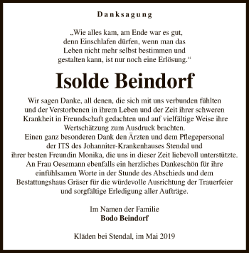 Traueranzeige von Isolde Beindorf von Uelzen