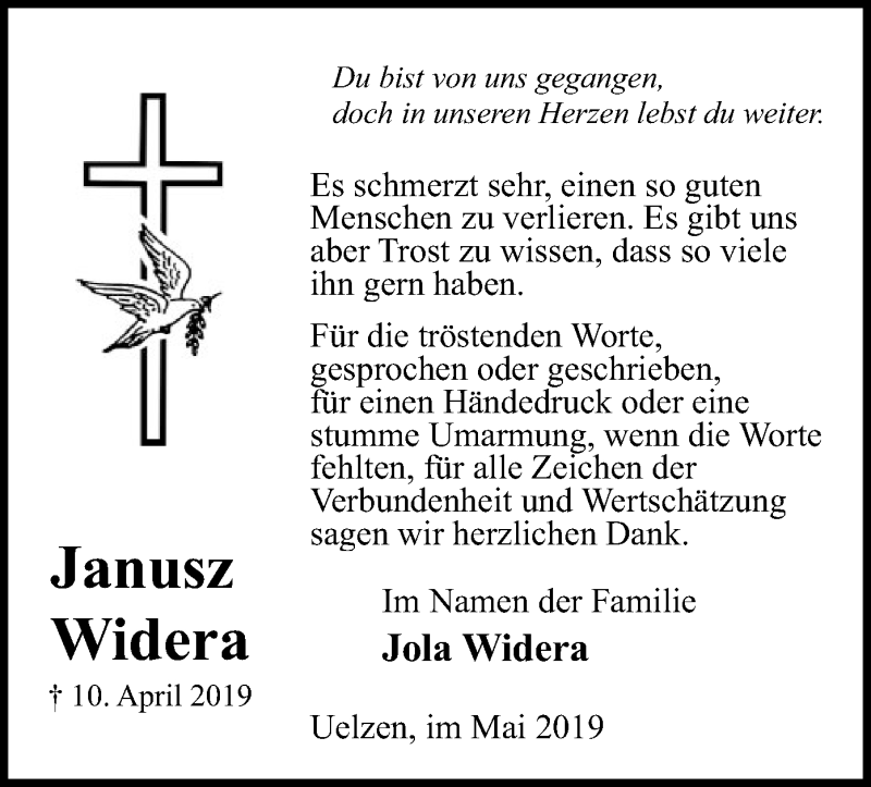  Traueranzeige für Janusz Widera vom 04.05.2019 aus Uelzen