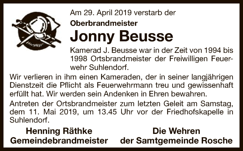  Traueranzeige für Jonny Beusse vom 07.05.2019 aus Uelzen