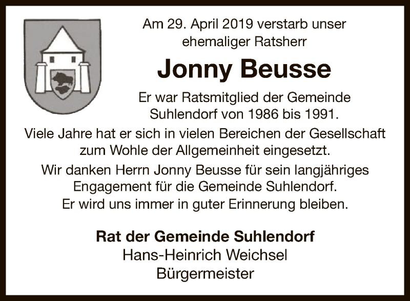  Traueranzeige für Jonny Beusse vom 07.05.2019 aus Uelzen