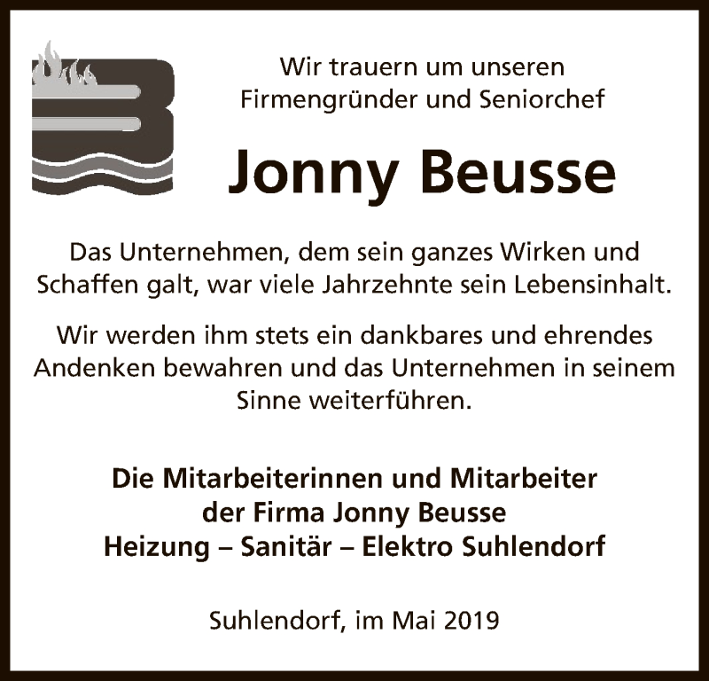  Traueranzeige für Jonny Beusse vom 04.05.2019 aus Uelzen