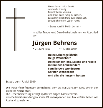 Traueranzeige von Jürgen Behrens von Uelzen